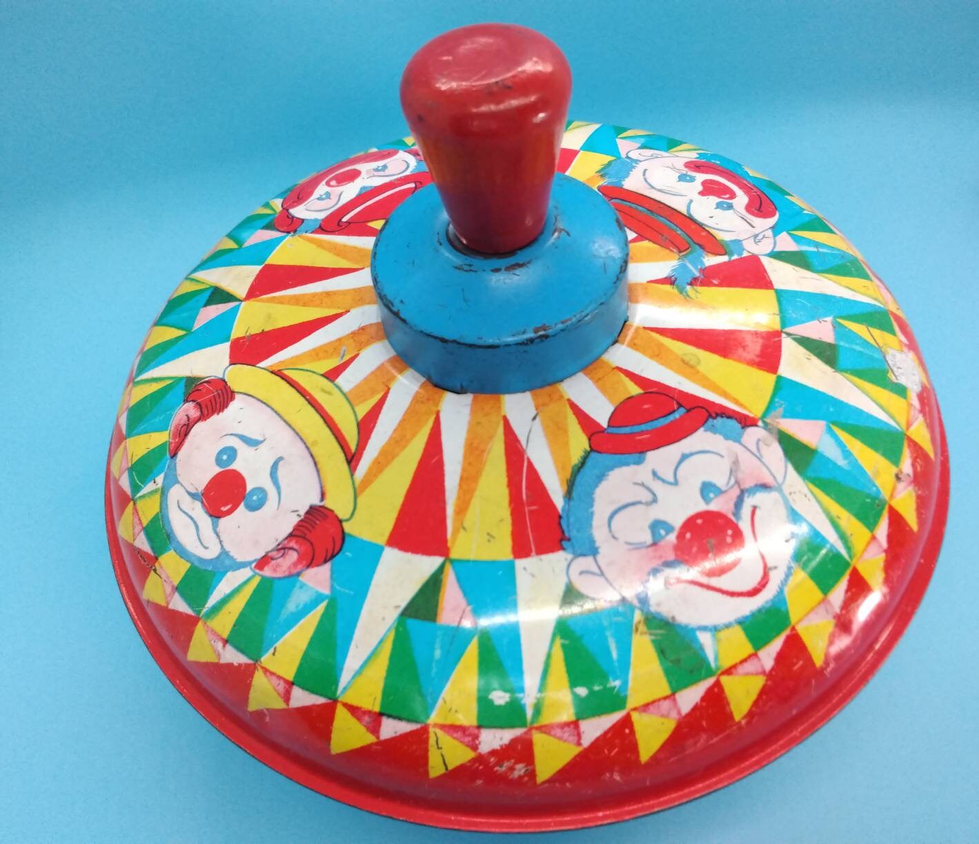 Toys Spinning Top Tin Toys Transferware Clowns Primary Etsy