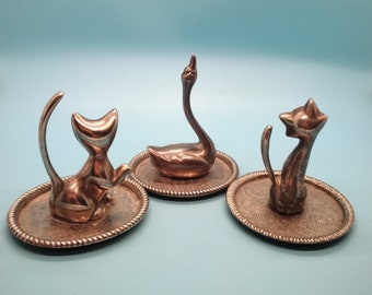 Vintage Silver Plated Ring Holder, Swan or Cat Trinket Dish, 1960s Hong Kong