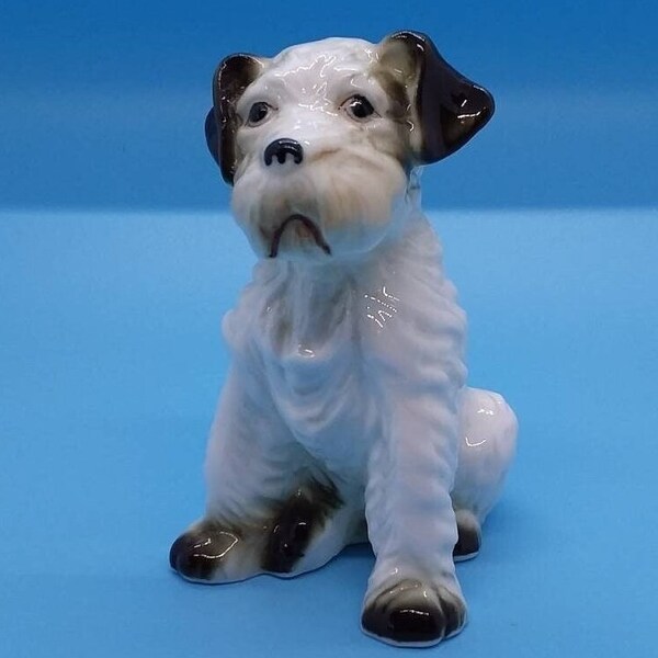 Figurines, Dog, Puppy, Fine Porcelain, Fox Terrier, Terrier Puppy, Sitting Dog, Tri Colored Dog, Collector, Handpainted, Japan, 1960s Vtg.