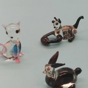 Art Glass, Figurines, Animals, Mini Animals, Lampworks Art Glass, Cat With Ball, Chihuahua Puppy, Bunny Rabbit, Turtle, Made in USA, 1990s