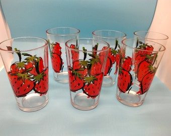 Serving Dishes, Juice Glasses, Strawberry Decor, Abstract Strawberry Print, Strawberry Decal, Transfer Print, Set of Six 4oz., 1980s vintage