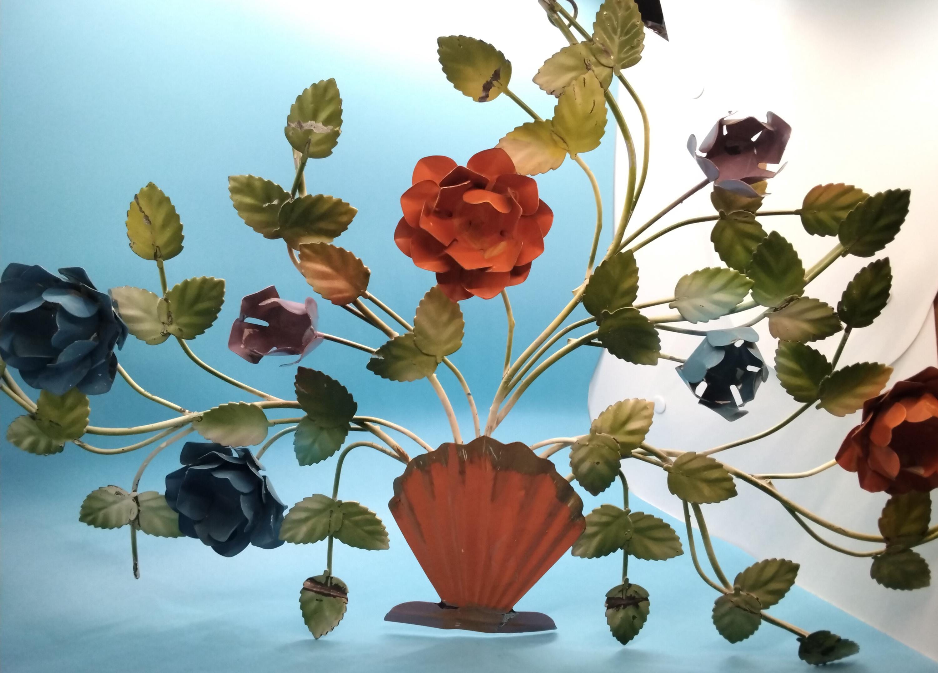 Vintage Toleware Floral Wall Art, Painted Metal Rose Bouquet in