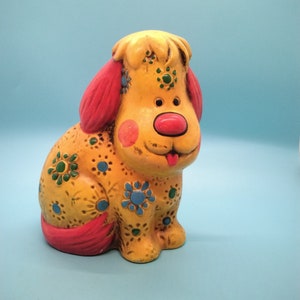 Figurine, Paper Mache,0 Coin Bank, Dog, Yellow Dog, Big Goofy Dog, Red Ears Dog, Yellow dog Coin Bank, Kitschy Dog Bank, UV Glowy Bank 1970s