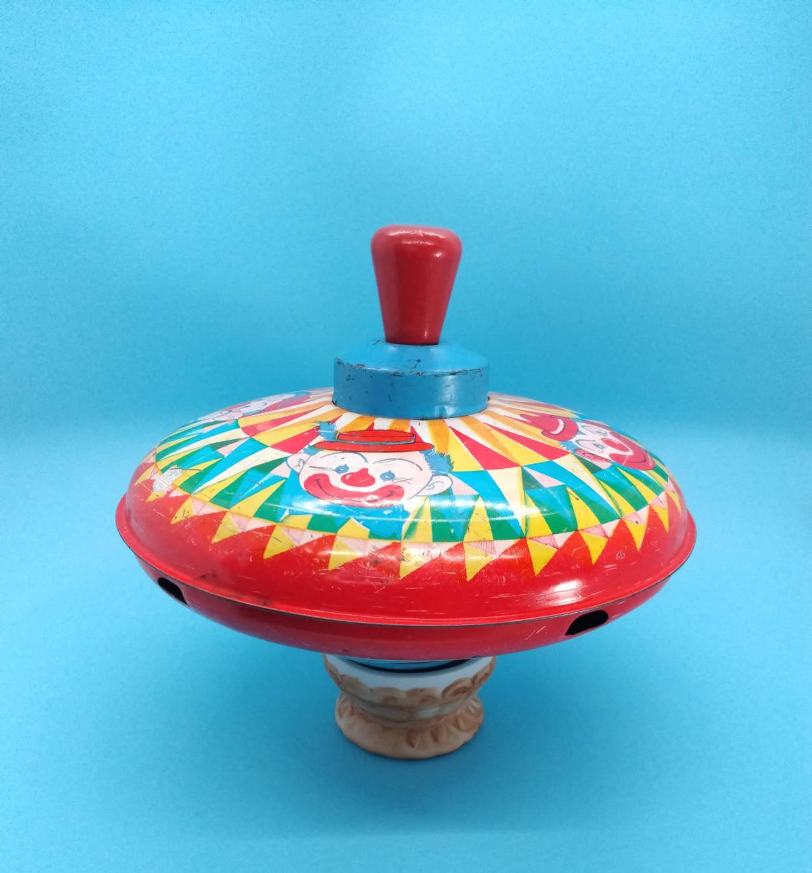 Toys Spinning Top Tin Toys Transferware Clowns Primary Etsy