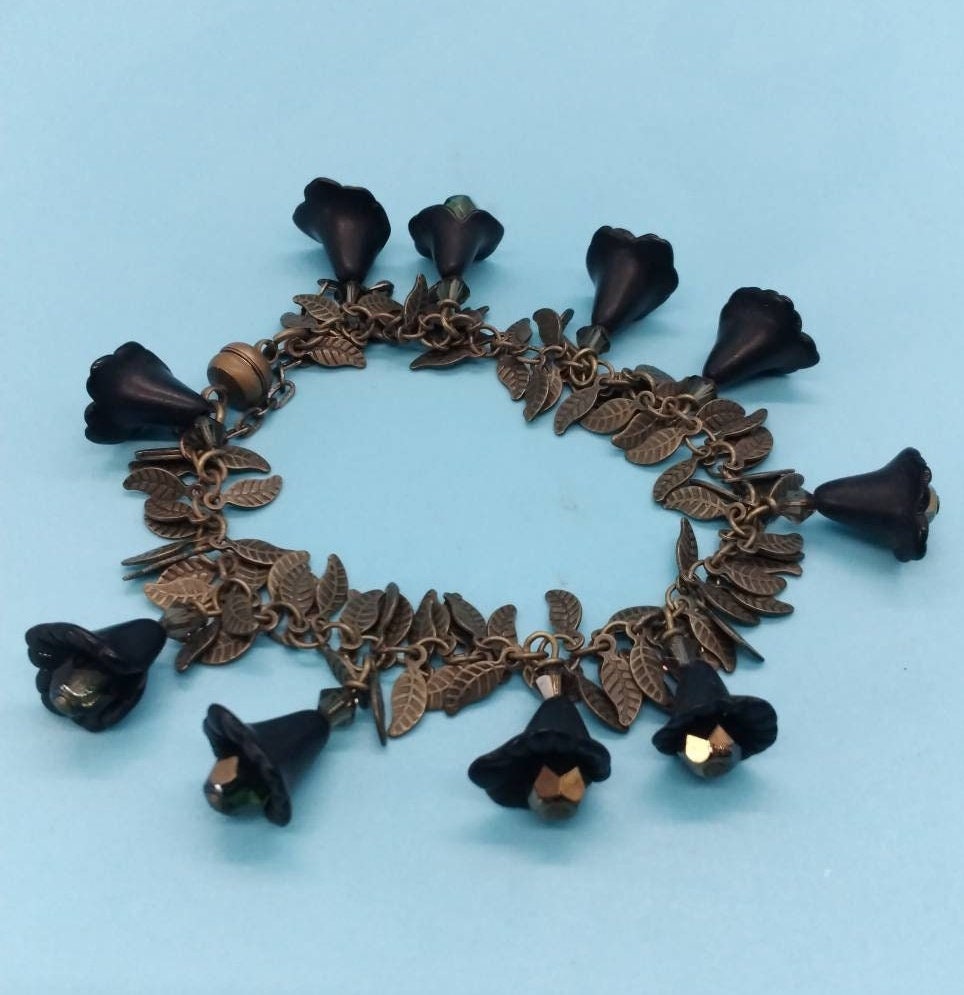 Jewelry, Bracelet, Black Metal Bell Flowers, Aroura Borealis Jewelry, Bracelet, Black Metal Bell Flowers, Aroura Borealis