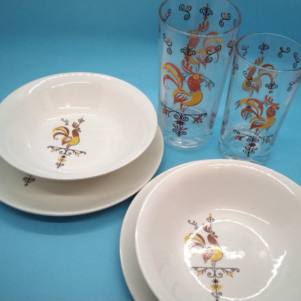 Serving Dishes, Farmhouse Rooster, Weathervane, Lightning Rod, Two Sizes Of Glasses, Two Cereal Bowls, Two Small Plates, Made in Salem, 1950