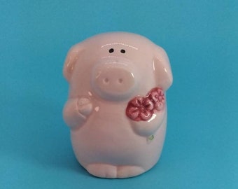 Serving Dishes, Pig, Pink, Tooothpick Holder, Pig Holding Flowers, Novelty Table Decor, Kistchy, Foil Sticker, Made in Taiwan, 1960s, Vtg