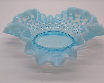 Art Glass, Dish, Candy Dish, Low Profile, Blue Opalescent, Hobnail, Crimped, Pinched, Ruffle Edge, Six Inch Bowl, Fenton, 1940s, Vtg