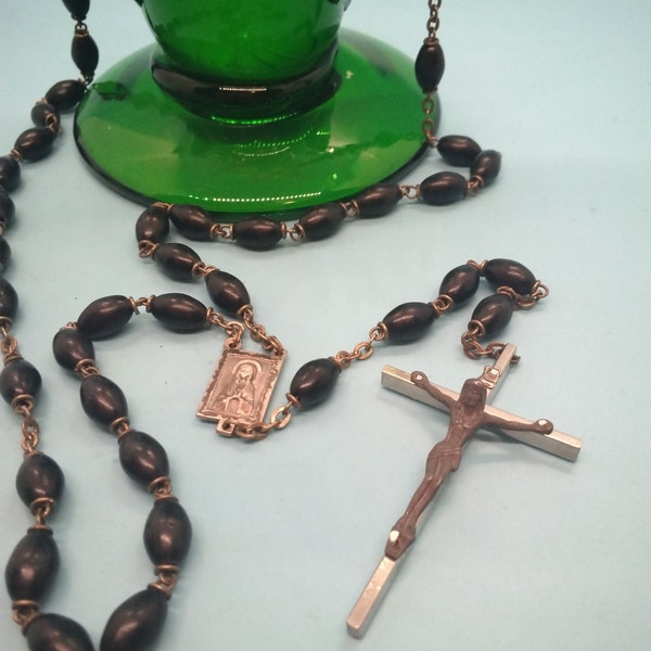 Jewelry, Religious, Rosary, Prayer Beads, Crucifix, Cross, Oval Dark Green Beads, Silver Tone Metals, 20 Inches Long, 1980s Used Vtg.