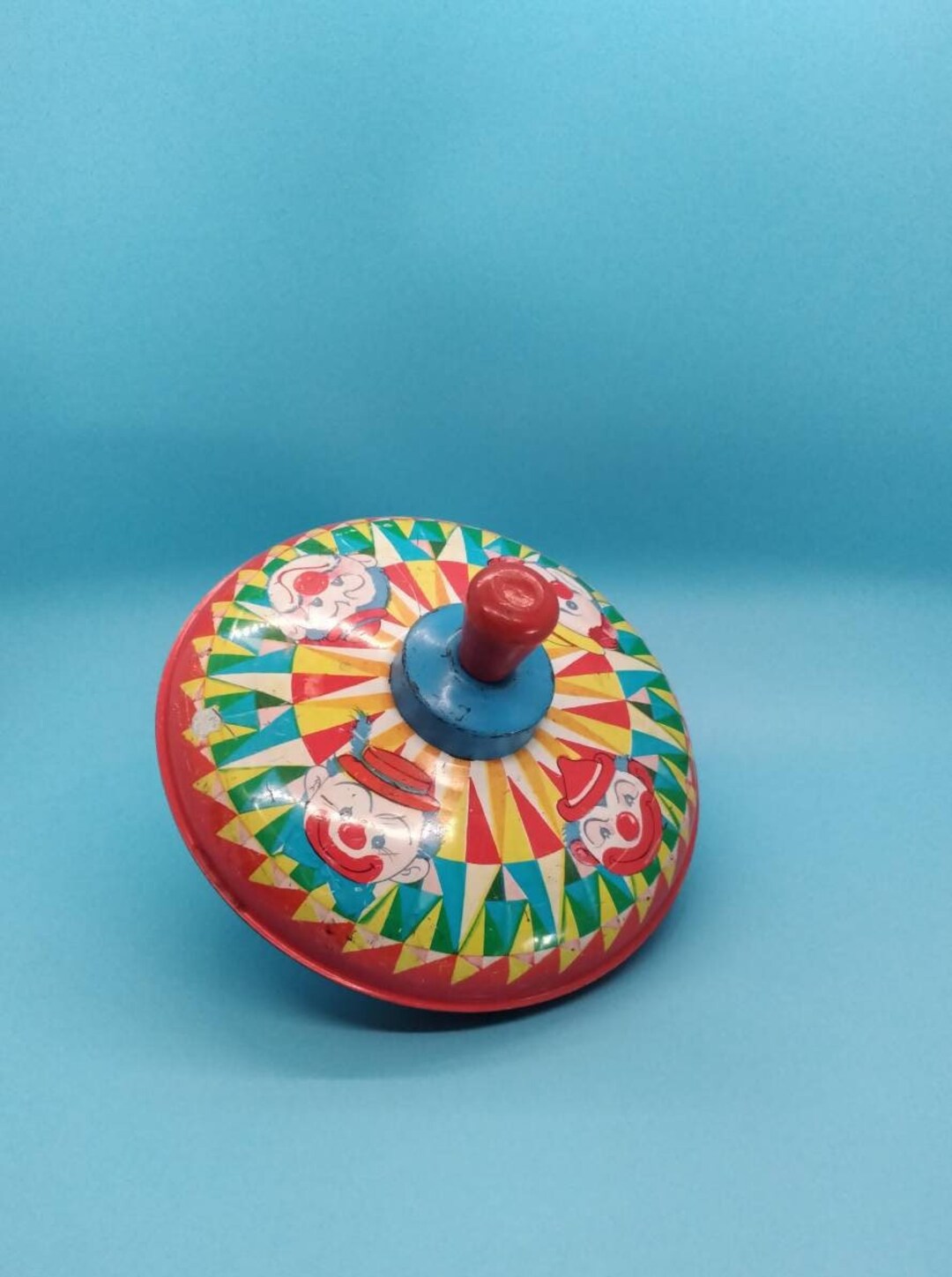 Toys Spinning Top Tin Toys Transferware Clowns Primary Etsy