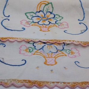 Linen, Dresser Scarf, Table Runner, Rectangle Doilie, Matching Ends, Machine Stiched, Hand Stitched, Handcrafted Design, 1960s,Used, Vtg