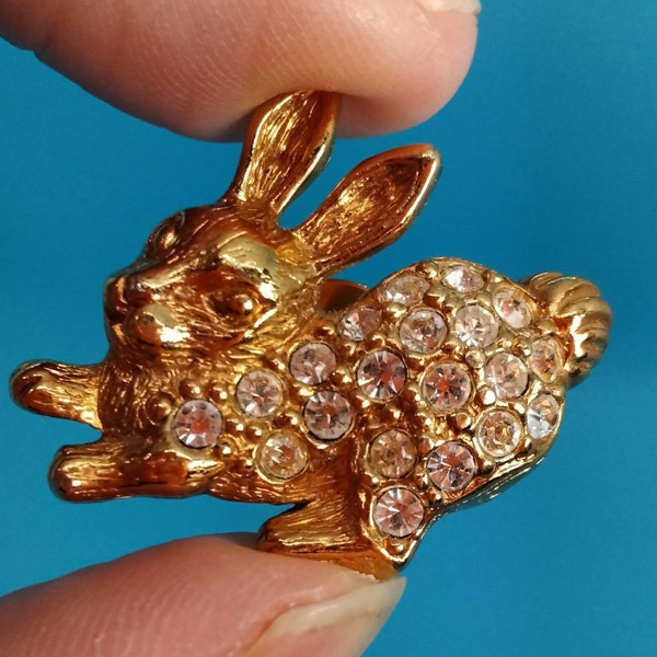 Jewelry, Brooch, Pin, Rabbit, Bunny Decor, Easter Bunny, Faceted Rhinestones, Rhinestone Body, Flush Mounted, Gold Tone Metal, Avon 1993,