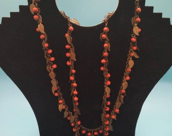 Jewelry, Necklace, Autumn Enspired Necklace, Bronze Tone Metal Chain, Embossed BronzeTone Metal Leafs, Tiny pumpkin Colored Beads, 1980s,