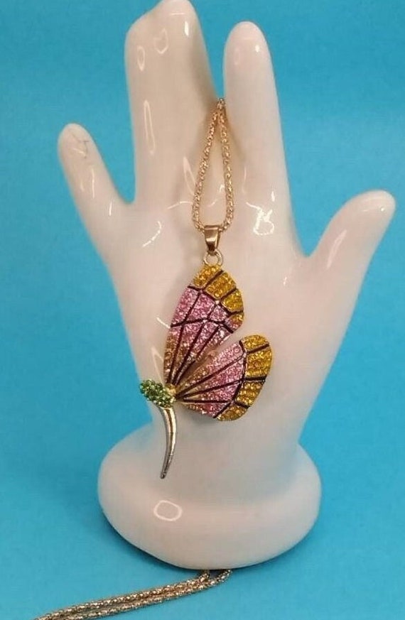 Jewerly, Necklace, Butterfly Pendant, Colored Rhi… - image 1