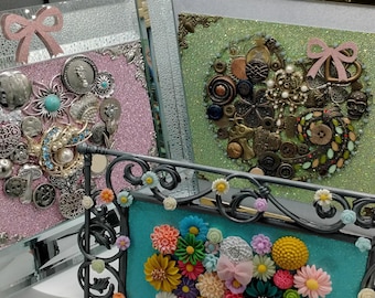 Jewelry Art, Jewelry Mosaic, Masaic Heart, Framed Jewelry Valentines Mosaic, Used Vintage Jewelry, Used Vintage Buttons, Framed Art!