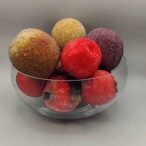 Fake Fruit, Faux Fruit, Sugared Fruit, Small Bead Covered Fruit, Assorted Fruits, Apples, Pear, Pomegranate, Eleven Pieces Total, 1970s used