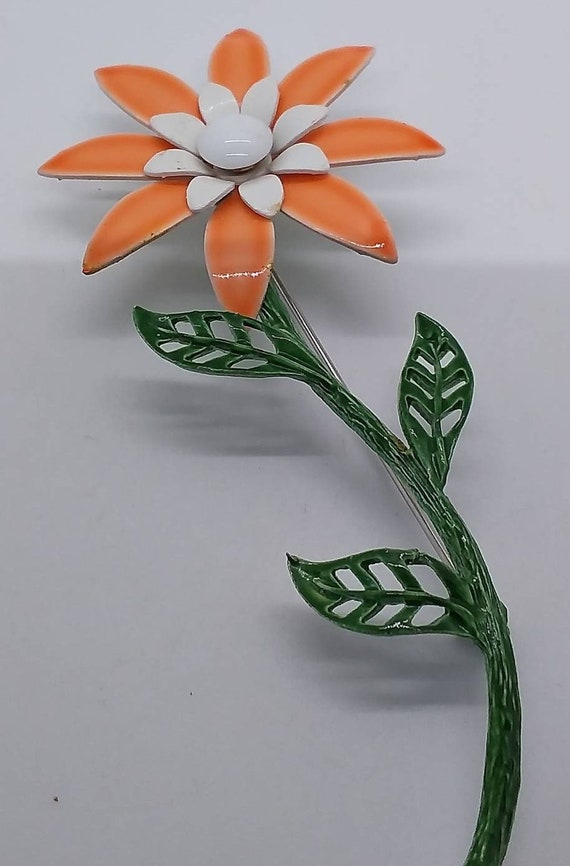 Jewelry, Brooch, Flower, Orange Daisy, White Cent… - image 8