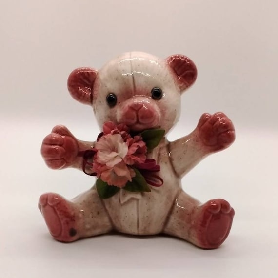 Figurine Bear Teddy Bear Pink Bear Handpainted Silk Flowers