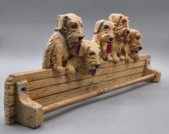 Towel Rack, Leash Rack, Wall Mounted, Dog Themed, Scottie Dog Puppies, Canadian Made, Burwood Mold, John Walter & Sons, 1950s, Used Vintage