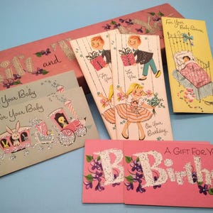 Éphémères, cartes de voeux, cartes-cadeaux, dans la boîte d'origine, assortiment de sept pièces, avec enveloppes, accents scintillants, message intérieur, États-Unis, années 50.