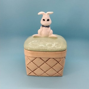 Home Decor, Bunny Rabbit Candy Dish, Easter, Lidded Ceramic Dish, Bunny Rabbit Finial, Basket Weave Textured, Hobbiest, Handpainted, 1970s