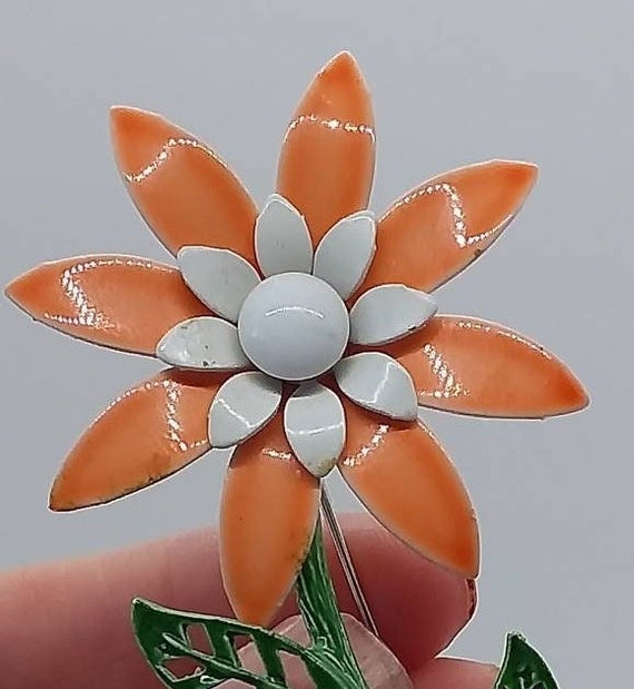 Jewelry, Brooch, Flower, Orange Daisy, White Cent… - image 2