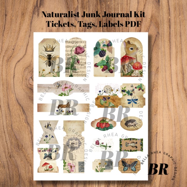 Naturalist Junk Journal, Fauna Tags, Nature Tags, Animals, Botanical, Woodland, Printable Tickets, Tags & Labels, Digital Download