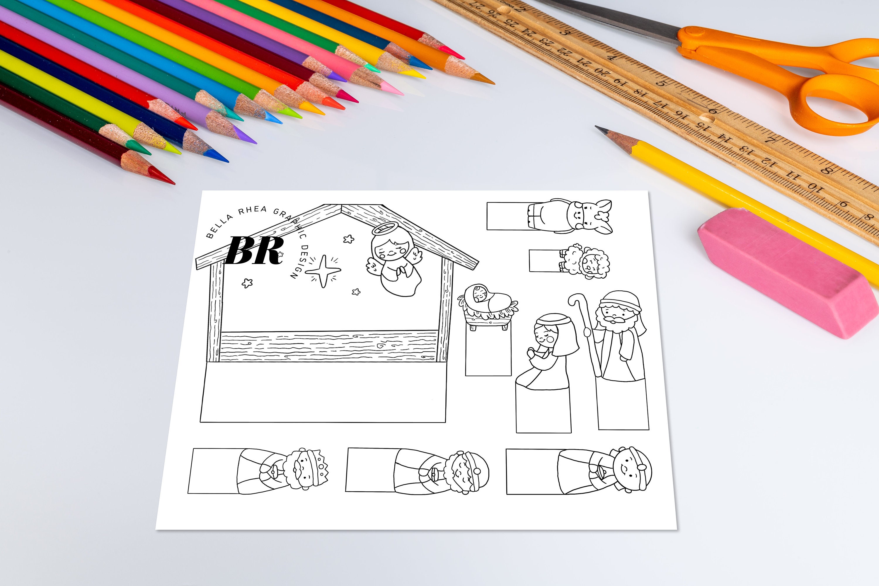 Nativity Scene Colouring Paper Craft, Children's Nativity Scene Kit, Hand-drawn Nativity Scene ...