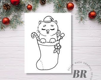 Kitty in Stocking Colouring Sheet, Printable Christmas Colouring Page