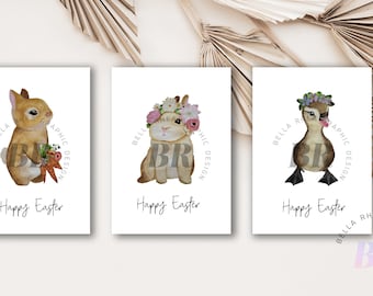 Ostern Karten zum Ausdrucken, Frühlingskarten, Baby Tierkarten, Set mit 3 Osterkarten