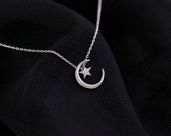 Silver Moon Necklace Silver Moon Jewelry Silver Pendant Necklace Moon and Star Necklace Crescent and Star Necklace Star Necklace Silver