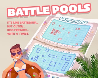 May include: A game board for a game called "Battle Pools" with a blue and white grid. The game is similar to Battleship, but with a pool theme. The board has a grid of squares with letters and numbers along the sides. There are also some symbols on the board, such as a basketball hoop and a cross. The game is designed for two players.