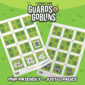 May include: Two pages of a printable board game called "Guards & Goblins". The game is a Vonnbit game. The pages are printed on white paper and feature a grid of squares with illustrations of guards and goblins. The pages also include text for the game's rules, a watchtower, a fort, and barracks.