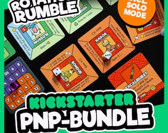 May include: A Rotation Rumble board game set featuring square cards with character illustrations, dice, and a numbered grid tracker. The cards include text like Blossom, Hagor, Rondur, and Excalibur. An orange circle states Incl. Solo Mode.