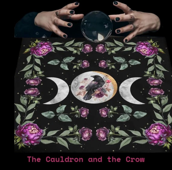 Spiritual Raven Moon Altar Cloth - Flowers & Cat Cloth for Display - Black Cat Oracle Cloth - Cat + Flowers Divination Table Cloth