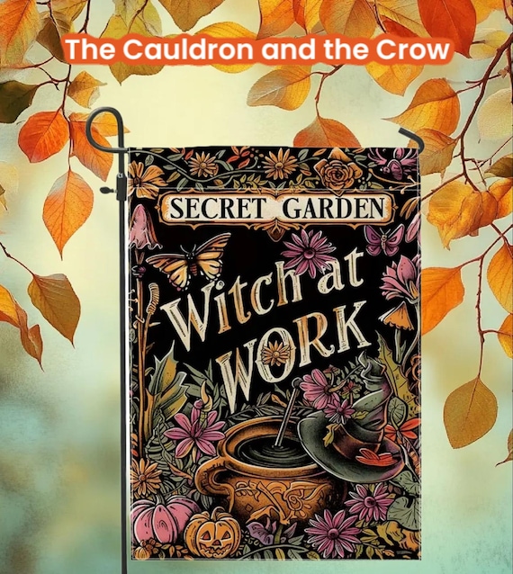 Witch At Work Halloween Garden Flag for patio, lawn, garden, yard, deck, porch, or veranda