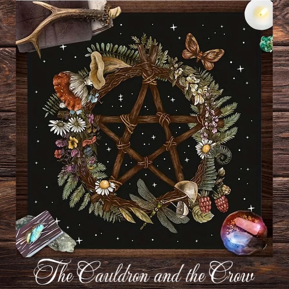 Garden Pentacle Black Altar Cloth Wicca Altar Supplies,  Tarot Deck Napkin, Home Decor, Witchcraft, Tarot Reading Cloth  Size 19.2" x 19.2"
