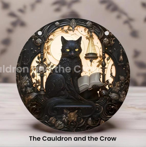 The Witch's Familiar Black Cat Tree of Life Acrylic Suncatcher Prism for Altar, Shrine, Garden or Home Decor 6"