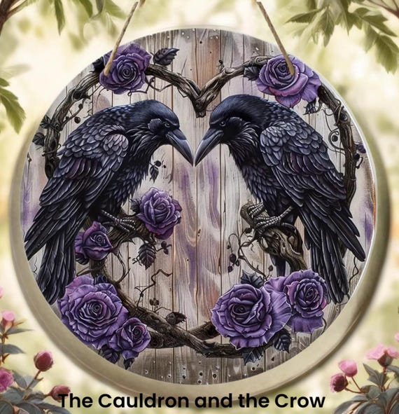 Wild Roses and Crows- Witch's Familiar Wooden Sign for Altar, Shrine, Garden or Home Decor