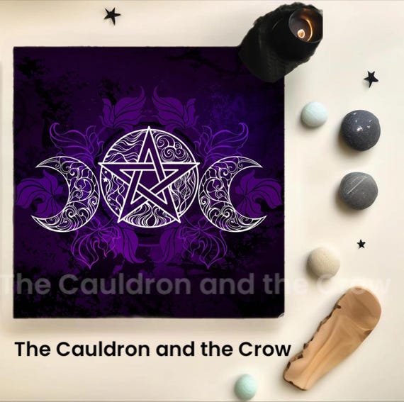 Purple Pentacle - Triple Moon Altar Cloth, Wicca Altar Supplies, Home Decor, Witchcraft, Tarot Deck Reading Cloth  Size 29.5" x 29.5"