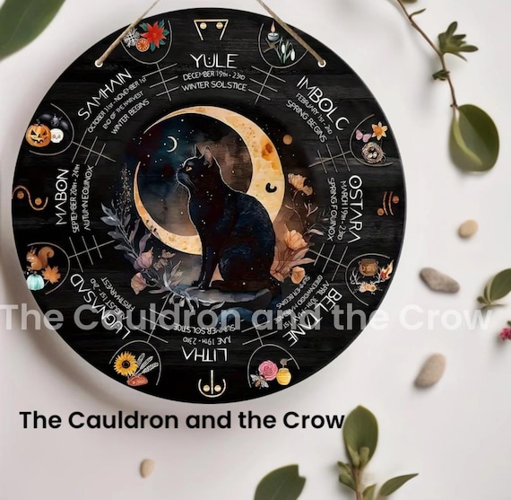 Witch's Familiar Black Cat Wooden Wheel of the Year Sign for Altar, Shrine, Garden or Home Decor