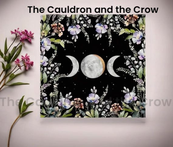 Floral Triple Moon Altar Cloth, Wicca Altar Supplies,  Tarot Deck, Home Decor,Witchcraft, Tarot Cloth - Size: 19.2" x 19.2"