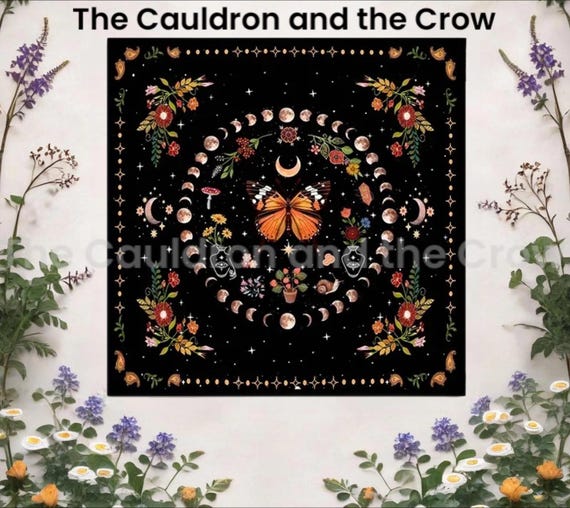 Butterfly Moon Phase Altar Cloth, Pentacle, Tarot, Divination Table Cloth  Size 19.2" x 19.2"
