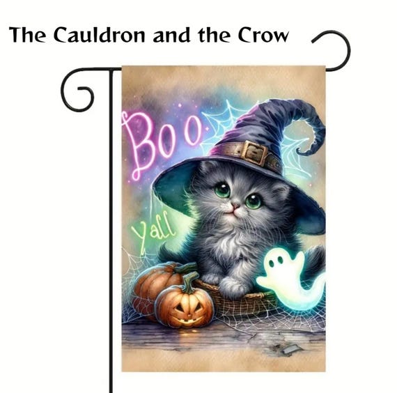 Witchy  Halloween Kitten Boo Garden Flag for patio, lawn, garden, yard, deck, porch, or veranda
