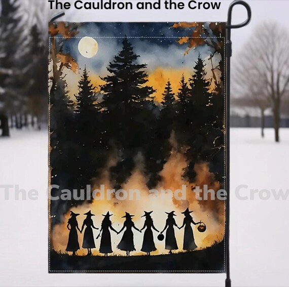 Dancing Under the Harvest Moon Samhain Witch  Flag for patio, lawn, garden, yard, deck, porch, or veranda