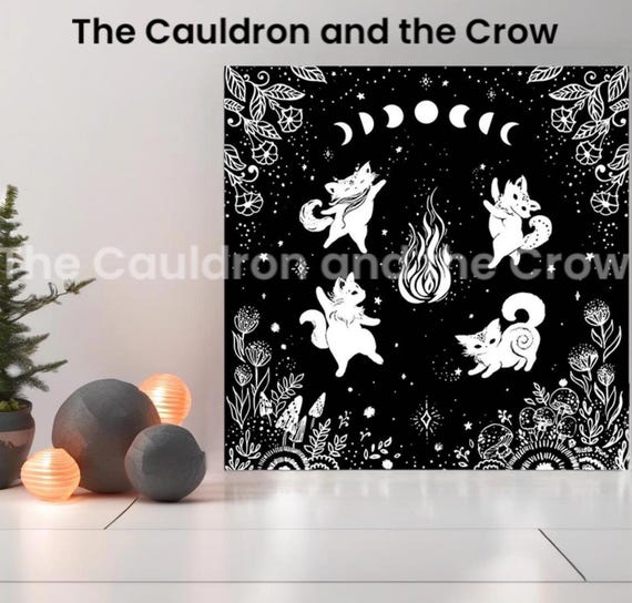 Witch's Familiar "Weaver Dance" Black Cat Altar Cloth -Spiritual Black Cat Cloth -  - Oracle Cloth - Cat Divination Cloth 29.5"