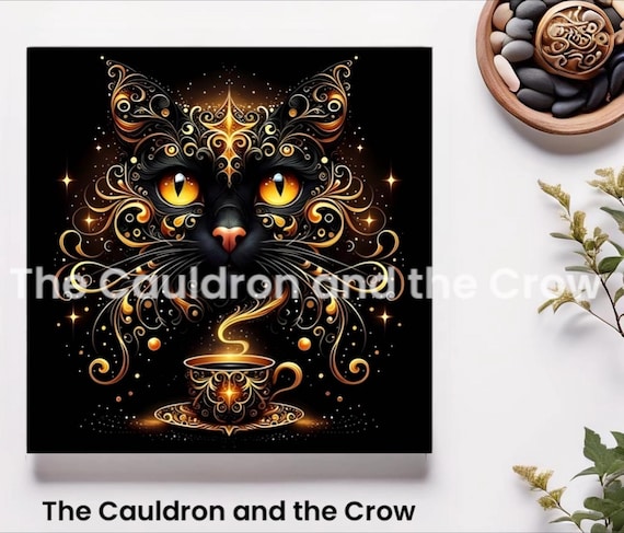 Magic All Around Us- Black Cat Altar Cloth, Cat Cloth for Display - Black Cat Oracle Cloth - Cat + Coffee Divination Table 29.5"