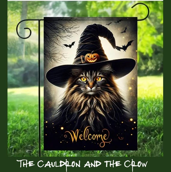 The Witch's Cat Garden Flag for patio, lawn, garden, yard, deck, porch, or veranda