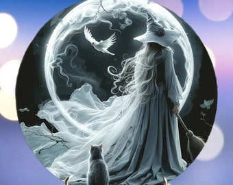 Moon Witch with Familiar Metal Sign for Altar, Shrine, Garden or Home Decor