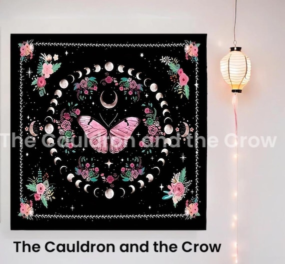 Pink Butterfly Moon Phase Altar Cloth, Pentacle, Tarot, Divination Table Cloth  Size 19.2" x 19.2"